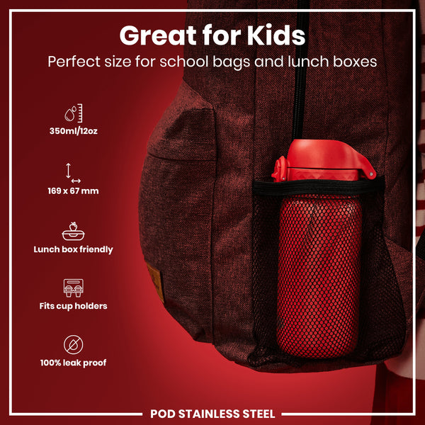 A red water bottle rests in a maroon backpack's mesh pocket. It is described as great for kids, lunchbox friendly, fitting cup holders, and leakproof; dimensions are 169 x 67 mm; capacity is 350ml/12oz. The material is stainless steel.