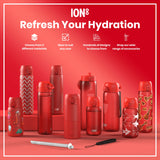 Several red water bottles, of varying sizes and designs, are displayed on a red background. Choose from 3 different materials. Sizes to suit any user. Hundreds of designs to choose from. Shop our wide range of accessories.