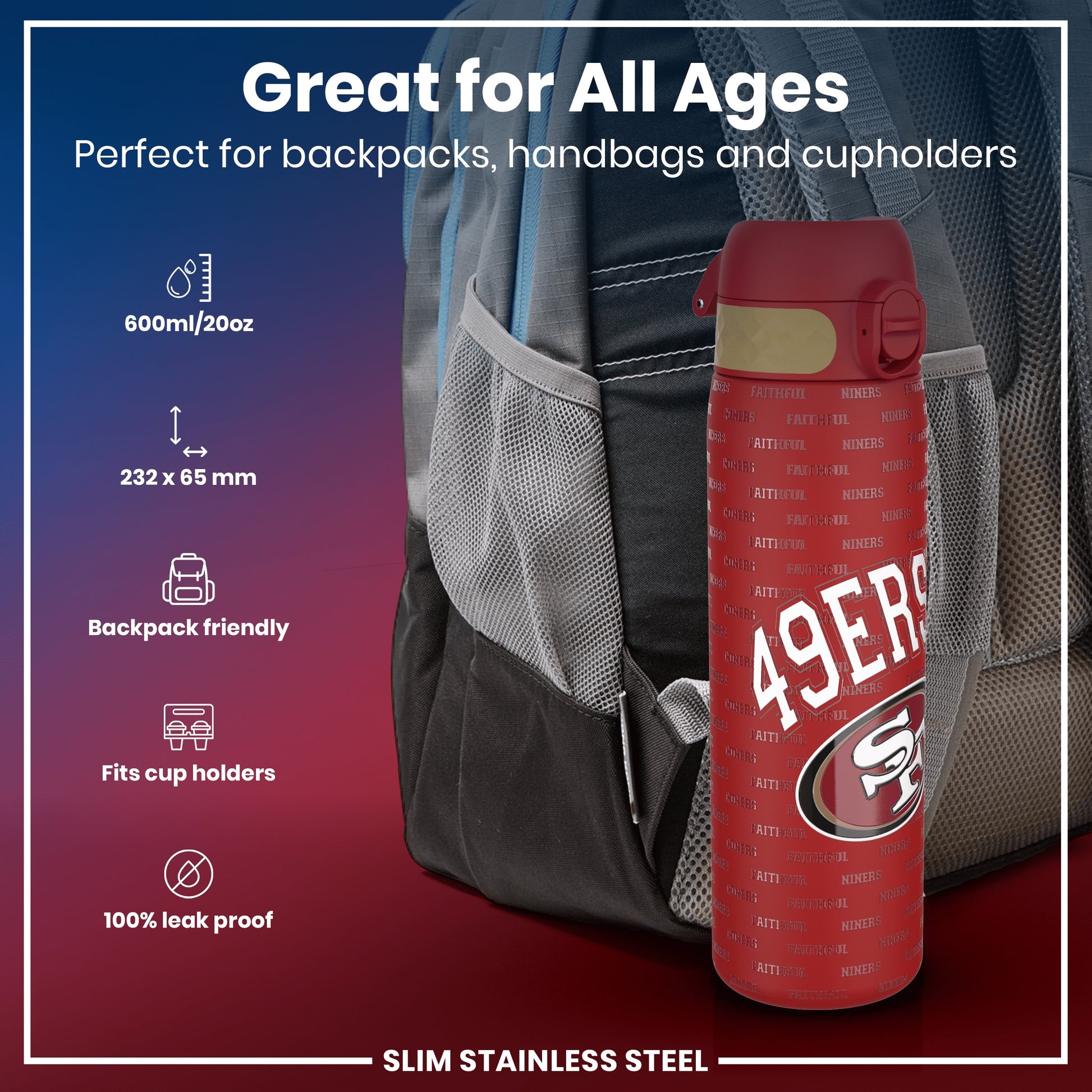 A red, 600ml/20oz, slim stainless steel water bottle with "49ers" and "Faithful" printed on it sits in a backpack's mesh pocket. It's backpack and cupholder friendly, and 100% leak proof.