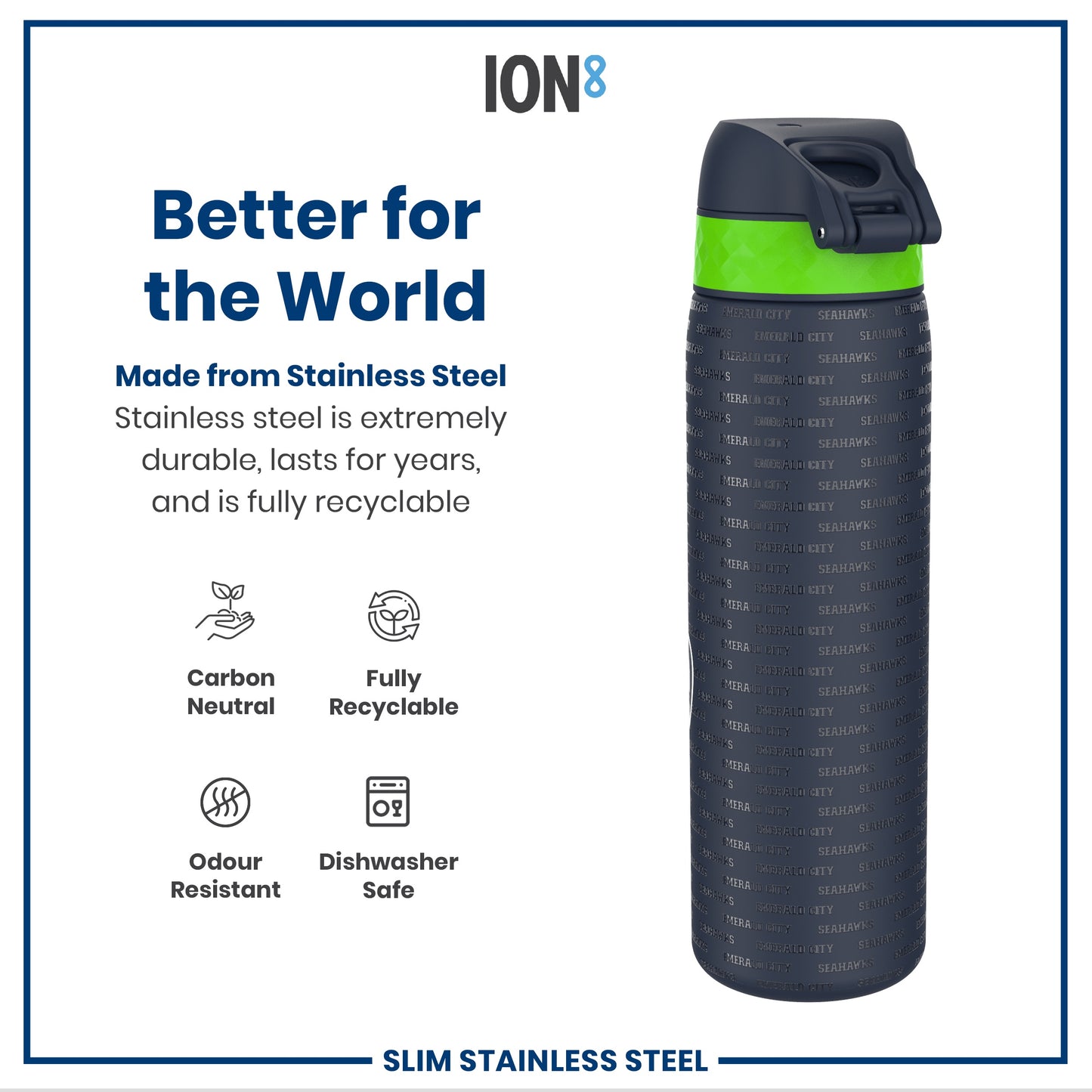 A stainless steel water bottle sits against a white background. The bottle is dark gray with a lime green band and features embossed text. Marketing materials highlight its durability, recyclability, and other features.
