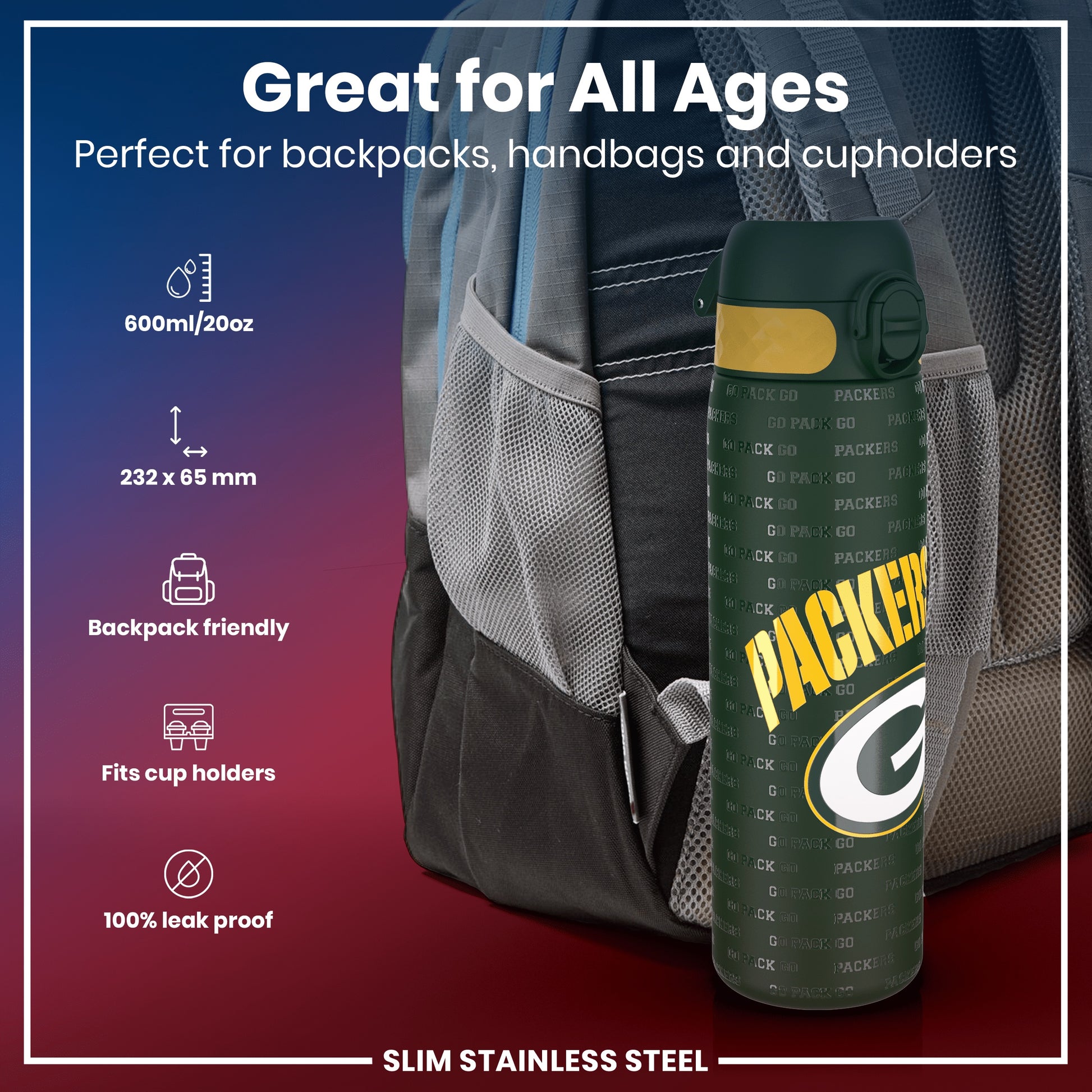 A slim stainless steel water bottle, fitting in a backpack pocket, is shown. It's 232 x 65 mm, holds 600ml/20oz, and is 100% leak proof. The bottle is green with "Packers" and "Go Pack Go" printed on it.