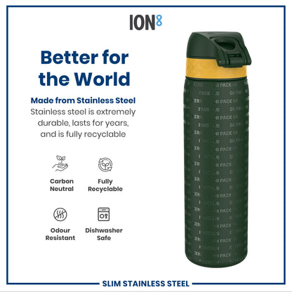 A stainless steel water bottle sits against a white background. It's dark green with a yellow band and "PACKERS" and "GO PACK GO" repeated on its surface. The bottle is described as durable, recyclable, and dishwasher safe.