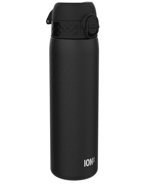 A black ION8 water bottle stands upright against a white background. The bottle has a textured finish and a black lid with a carrying loop.