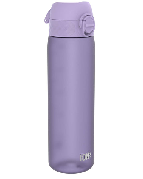 A lavender-colored plastic water bottle sits on a white background. The bottle has a purple lid with a flip-top opening mechanism. The brand name "ION8" is visible near the base.
