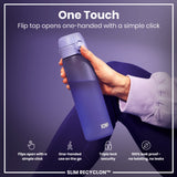 A purple water bottle is held; its flip top opens one-handed. The context is a promotional image highlighting its features: 