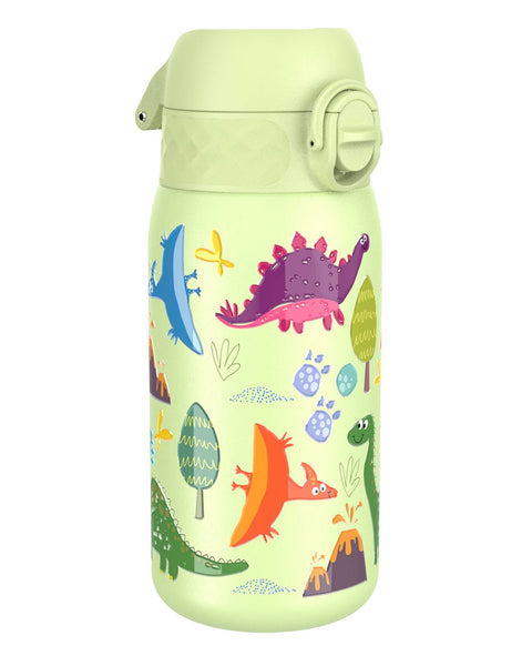 A light-green water bottle, featuring a dinosaur design, sits against a white background.