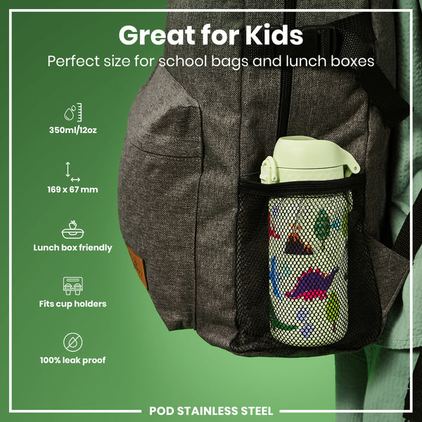 A light-green water bottle, with dinosaur print, fits inside a grey backpack's mesh pocket. It's 350ml/12oz, 169 x 67 mm, lunchbox and cup holder friendly, and 100% leakproof. The backpack is designed for children.