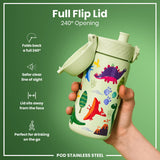 A stainless steel water bottle, featuring a full flip lid and dinosaur illustrations, is held in a hand against a green background. The lid provides a 240° opening. POD STAINLESS STEEL.