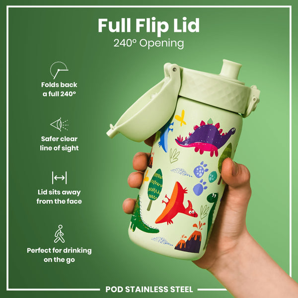 A stainless steel water bottle, featuring a full flip lid and dinosaur illustrations, is held in a hand against a green background. The lid provides a 240° opening. POD STAINLESS STEEL.