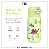 A light green stainless steel water bottle, featuring a dinosaur design, sits against a white background. The bottle is described as durable, recyclable, and dishwasher safe.