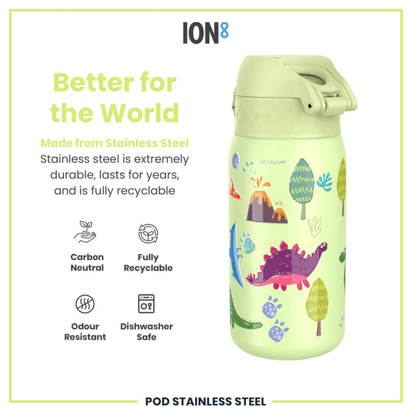 A light green stainless steel water bottle, featuring a dinosaur design, sits against a white background. The bottle is described as durable, recyclable, and dishwasher safe.