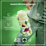A child's water bottle, being held, features a dinosaur design; it has a hide-away handle and a wide mouth for easy cleaning. The bottle is an award-winning design.