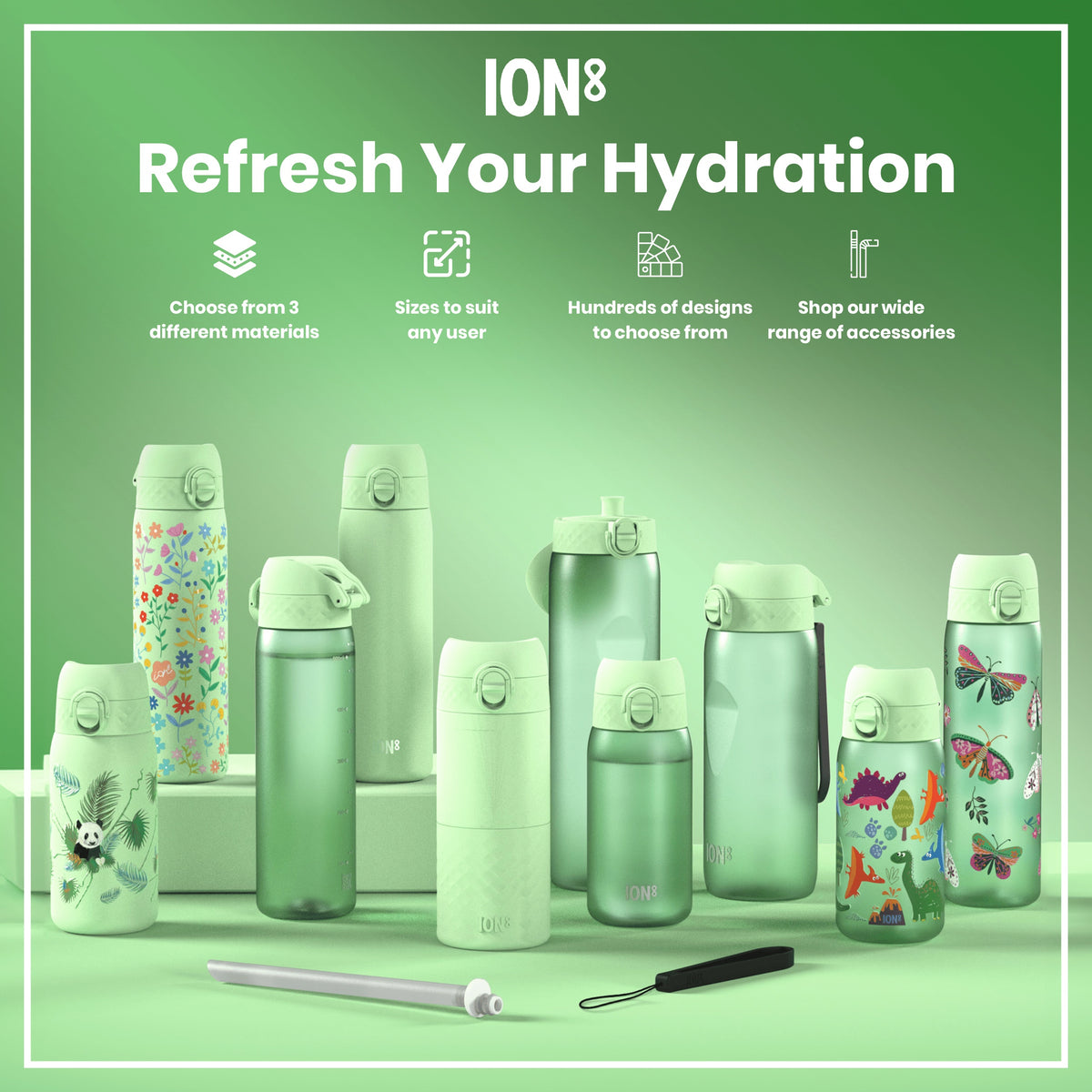 Several pastel-green water bottles, varying in size and design, are displayed on a mint-green surface. They feature various nature-themed illustrations. The accompanying text advertises a range of sizes, materials, and designs.