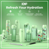Several pastel-green water bottles, varying in size and design, are displayed on a mint-green surface. They feature various nature-themed illustrations. The accompanying text advertises a range of sizes, materials, and designs.