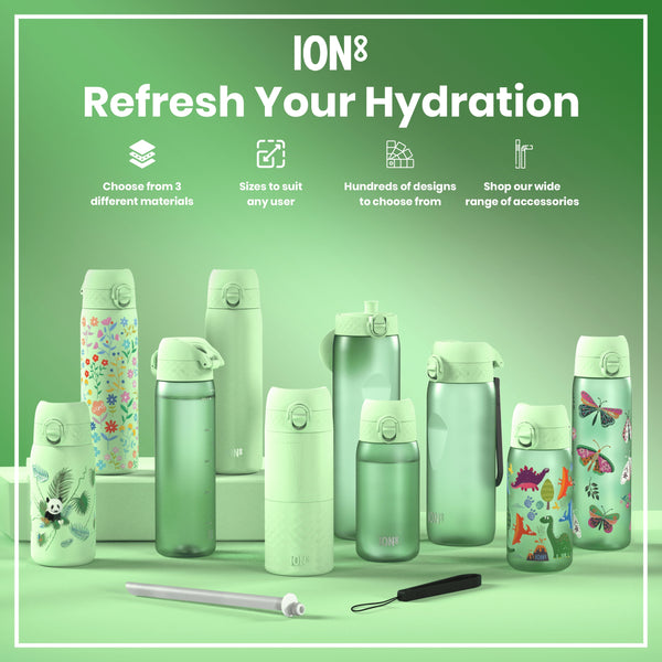 Several pastel-green water bottles, varying in size and design, are displayed on a mint-green surface. They feature various nature-themed illustrations. The accompanying text advertises a range of sizes, materials, and designs.