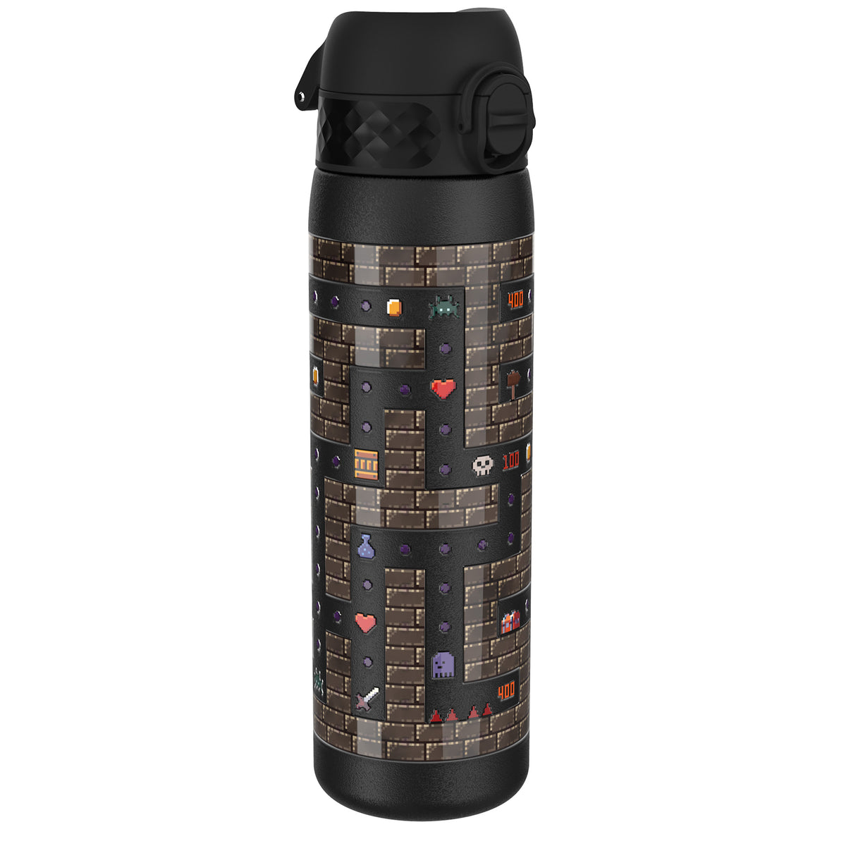 A black water bottle, featuring a pixelated video game maze design, stands against a white background. The design includes points and game characters.
