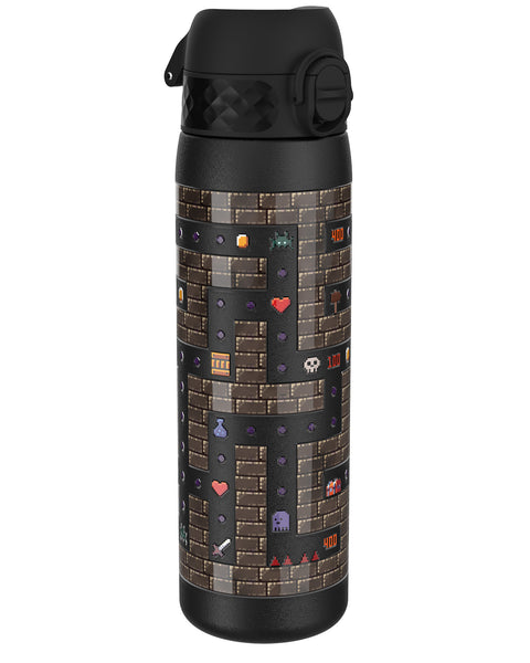 A black water bottle, featuring a pixelated video game maze design, stands against a white background. The design includes points and game characters.