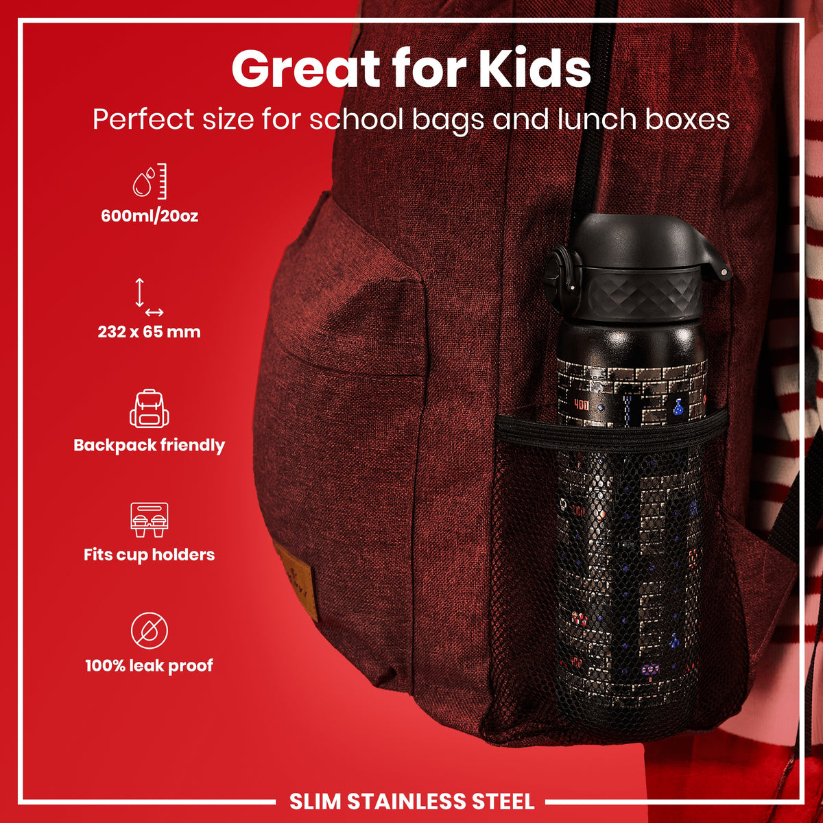 A slim stainless steel water bottle, fitting snugly in a backpack's side pocket, is shown; it's 600ml/20oz, 232 x 65 mm, backpack and cup holder friendly, and leak-proof.