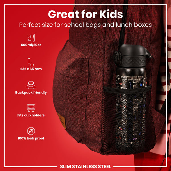 A slim stainless steel water bottle, fitting snugly in a backpack's side pocket, is shown; it's 600ml/20oz, 232 x 65 mm, backpack and cup holder friendly, and leak-proof.