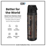 A stainless steel water bottle, featuring a pixelated game design, stands against a white background. The bottle is described as carbon neutral, fully recyclable, odour resistant, and dishwasher safe.