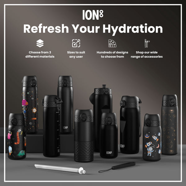 Several ION8 water bottles, in various sizes and designs, are displayed on a gray surface. They are primarily black, with some featuring space-themed graphics. The accompanying text advertises material choices, sizing options, design variety, and accessories.