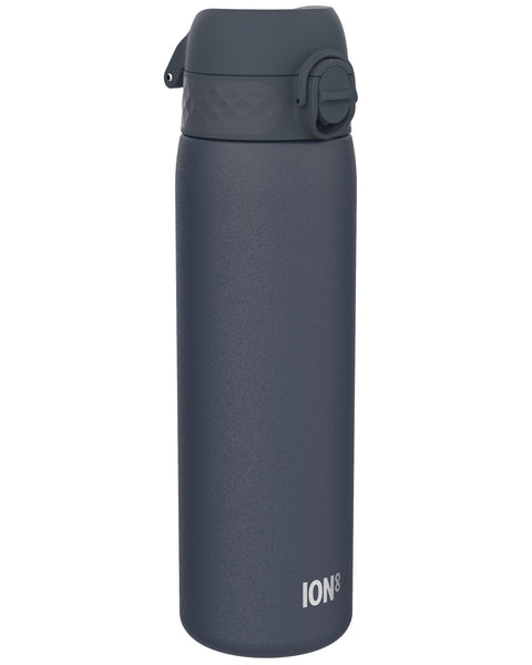 A dark-grey ION8 water bottle stands upright against a white background. The bottle has a dark-grey screw-on lid with a carrying loop.