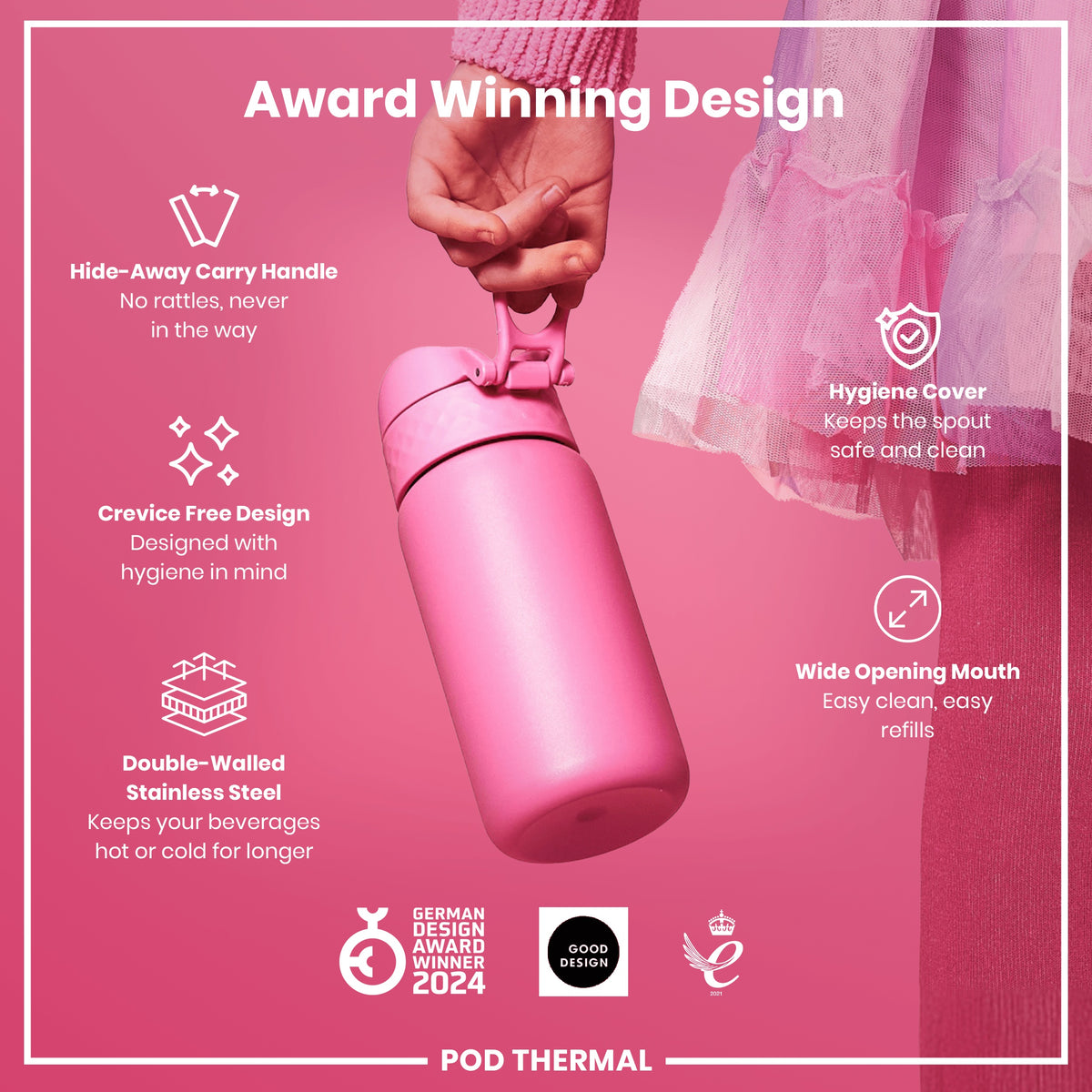 Leak Proof Thermal Steel Water Bottle, Insulated, Rose Bloom, 320ml (11oz)