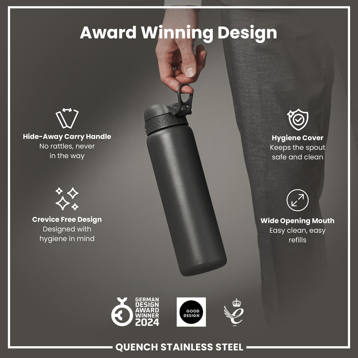 A dark grey stainless steel water bottle is held; its features include a hide-away handle, hygiene cover, and wide mouth opening. Awards from 2021 and 2024 are shown.