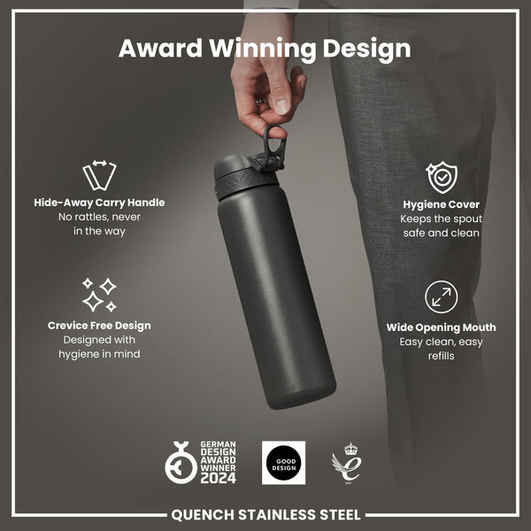 A dark grey stainless steel water bottle is held; its features include a hide-away handle, hygiene cover, and wide mouth opening. Awards from 2021 and 2024 are shown.