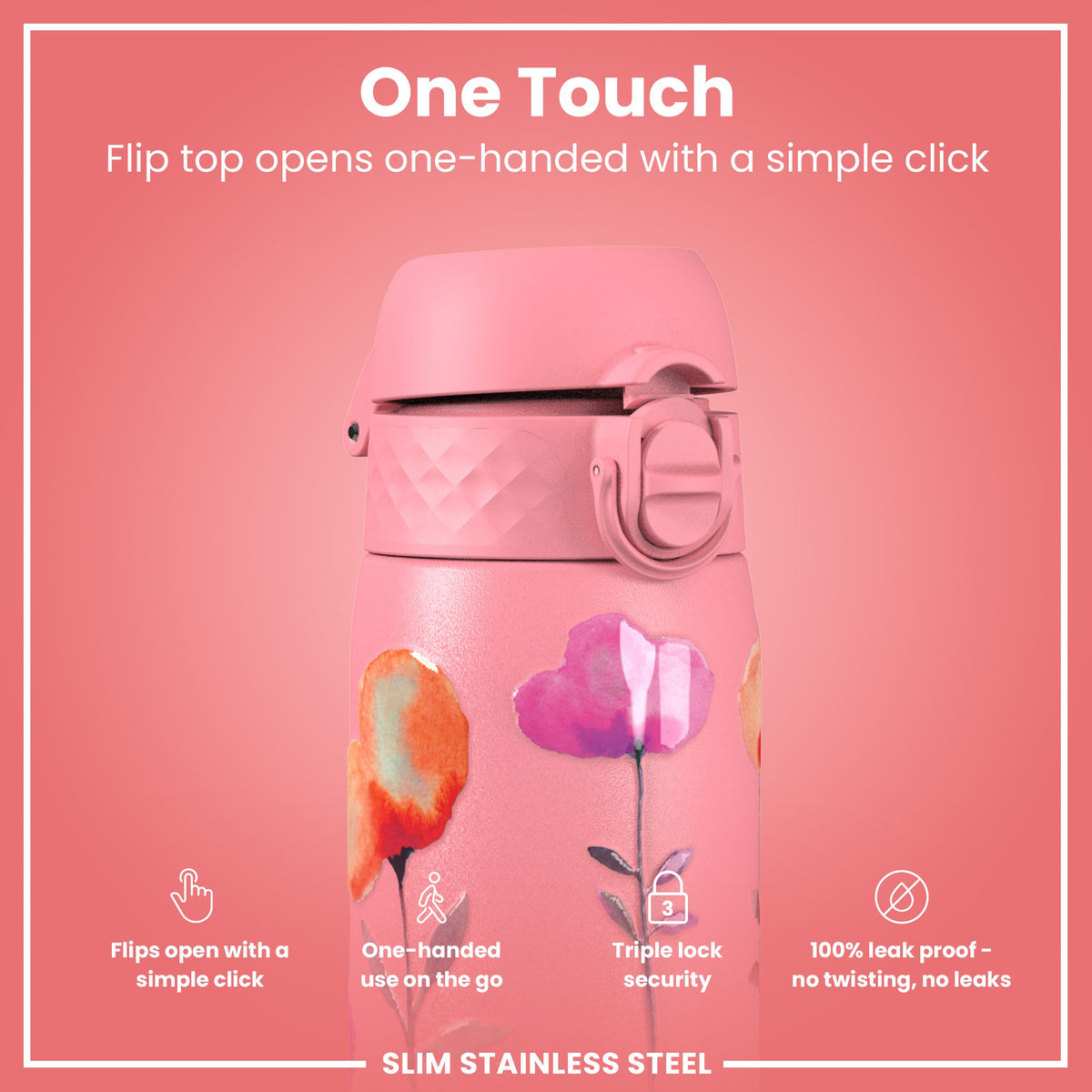 Leak Proof Slim Water Bottle, Stainless Steel, Flowers, 600ml (20oz)