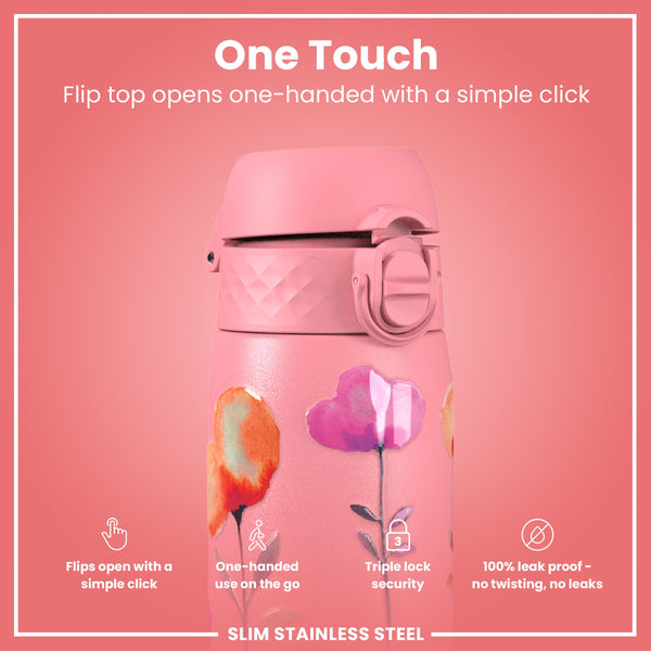 Leak Proof Slim Water Bottle, Stainless Steel, Flowers, 600ml (20oz)