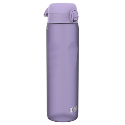 A lavender water bottle stands against a white background. The bottle features measurement markings and the logo "ION8".