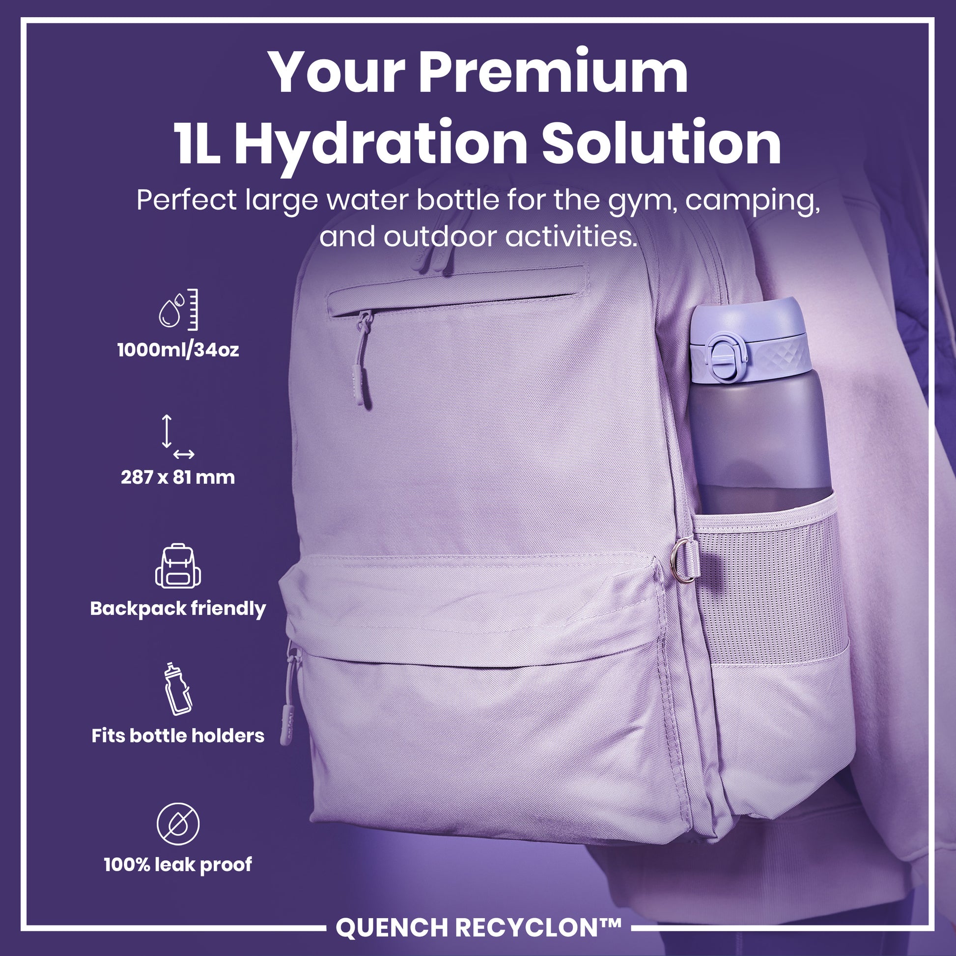 A lavender water bottle fits inside a purple backpack's side pocket; it's 1000ml/34oz, 287x81 mm, and leakproof, ideal for gym, camping, and outdoor use.