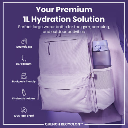 A lavender water bottle fits inside a purple backpack's side pocket; it's 1000ml/34oz, 287x81 mm, and leakproof, ideal for gym, camping, and outdoor use.