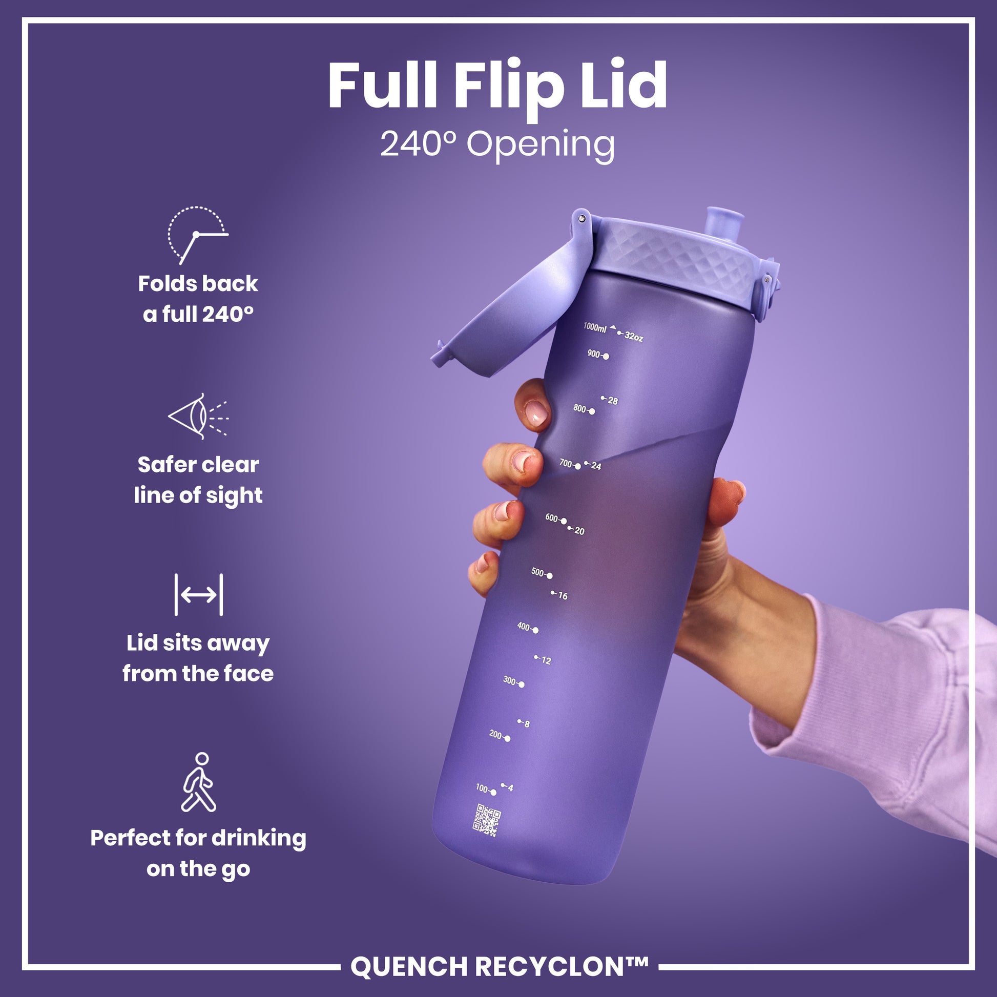 A purple water bottle with a flip lid is held by a hand. The lid opens 240 degrees. The bottle has measurements printed on it and is shown against a purple background. QUENCH RECYCLON™ is at the bottom.