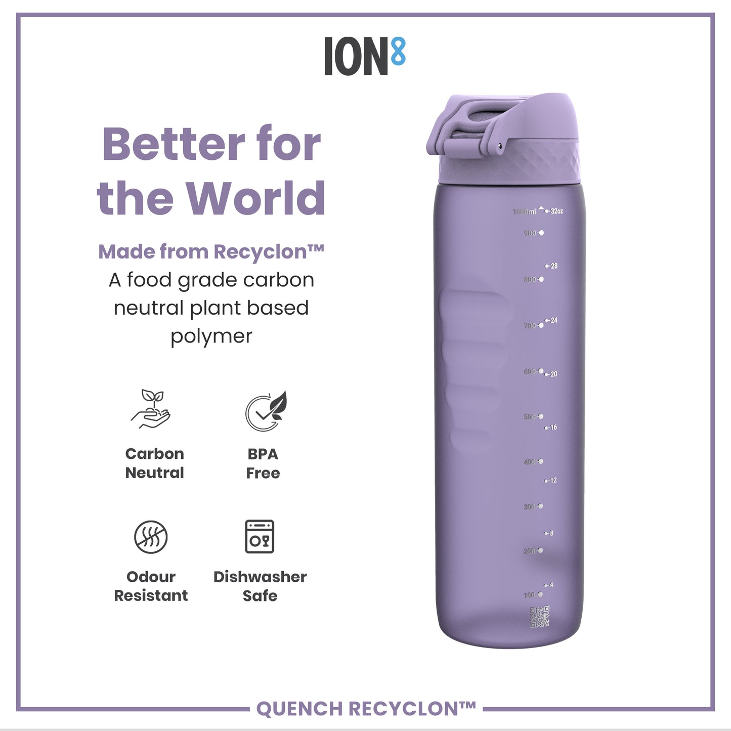 A lavender water bottle sits against a white background. The bottle is made from Recyclon™, a plant-based polymer, and displays volume markings. Marketing text highlights its carbon-neutral and BPA-free attributes.