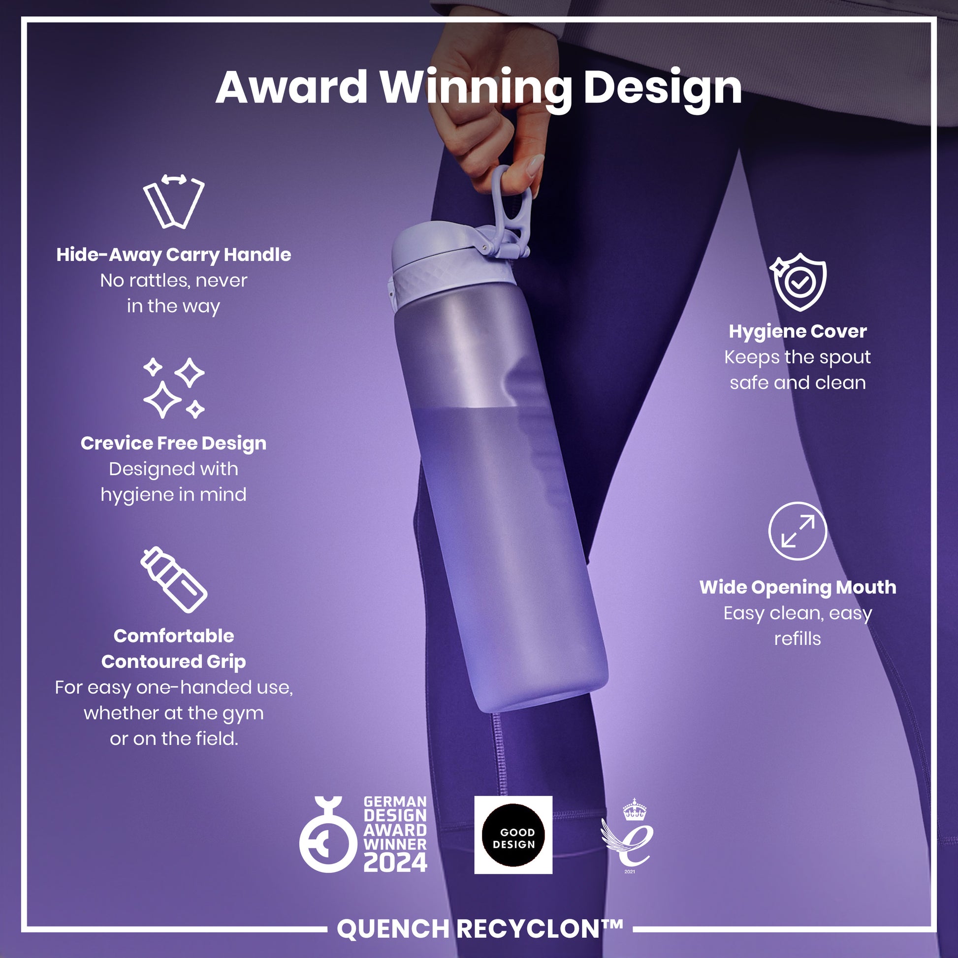 A purple water bottle is being held; its features are highlighted, including a hide-away handle, crevice-free design, and wide mouth. The bottle is presented against a purple background with text describing its award-winning design and features. The text also includes “QUENCH RECYCLON™”.