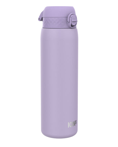 A lavender water bottle stands upright against a white background. The bottle has a screw-on lid with a carrying loop. ION8 is printed on the bottle.