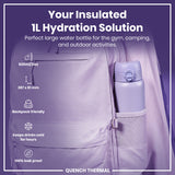 A lavender-colored, insulated water bottle fits inside a lavender backpack's side pocket. The bottle is 920ml/31oz and 287 x 81 mm, backpack-friendly, keeps drinks cold for hours, and is 100% leak-proof. QUENCH THERMAL.