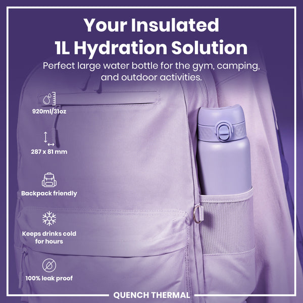 A lavender-colored, insulated water bottle fits inside a lavender backpack's side pocket. The bottle is 920ml/31oz and 287 x 81 mm, backpack-friendly, keeps drinks cold for hours, and is 100% leak-proof. QUENCH THERMAL.
