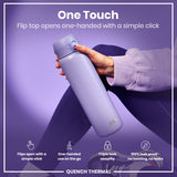 A lavender water bottle is held; its flip top opens with one hand. The context is a product advertisement showing the bottle's features: 
