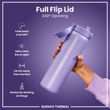 A lavender water bottle, with its lid flipped open 240 degrees, is held by a hand against a purple background. Full Flip Lid. 240° Opening. Folds back a full 240°. Safer clear line of sight. Lid sits away from the face. Perfect for drinking on the go. QUENCH THERMAL.
