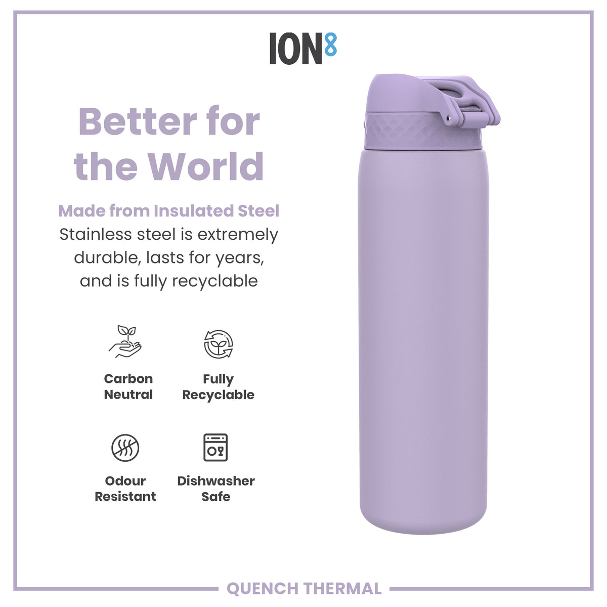 A lavender-colored, insulated stainless steel water bottle sits against a white background; it is described as durable, recyclable, odour-resistant, and dishwasher-safe. The text also notes that it's carbon neutral.