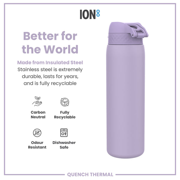 A lavender-colored, insulated stainless steel water bottle sits against a white background; it is described as durable, recyclable, odour-resistant, and dishwasher-safe. The text also notes that it's carbon neutral.