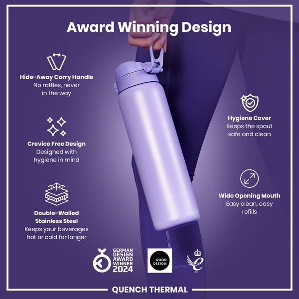 A lavender-colored, double-walled stainless steel water bottle is being held. Its features include a hide-away handle, crevice-free design, hygiene cover, and wide mouth. The bottle is highlighted as an award-winning design.A lavender-colored, double-walled stainless steel water bottle is being held. Its features include a hide-away handle, crevice-free design, hygiene cover, and wide mouth. The bottle is highlighted as an award-winning design.