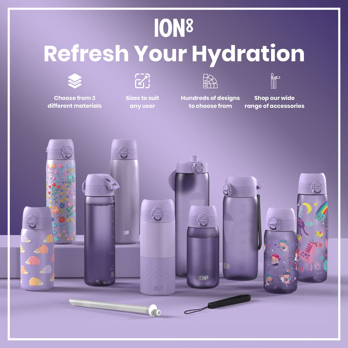 Several lavender-colored water bottles, varying in size and design, are displayed on a lavender surface. Some bottles feature child-friendly illustrations; others are plain. The background advertises choices in materials, sizes, and designs for ION8 hydration bottles.