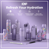 Several lavender-colored water bottles, varying in size and design, are displayed on a lavender surface. Some bottles feature child-friendly illustrations; others are plain. The background advertises choices in materials, sizes, and designs for ION8 hydration bottles.