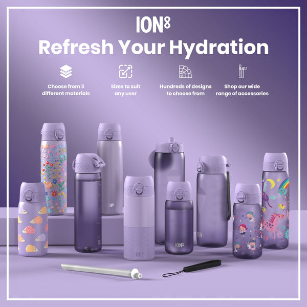 Several lavender-colored water bottles, varying in size and design, are displayed on a lavender surface. Some bottles feature child-friendly illustrations; others are plain. The background advertises choices in materials, sizes, and designs for ION8 hydration bottles.