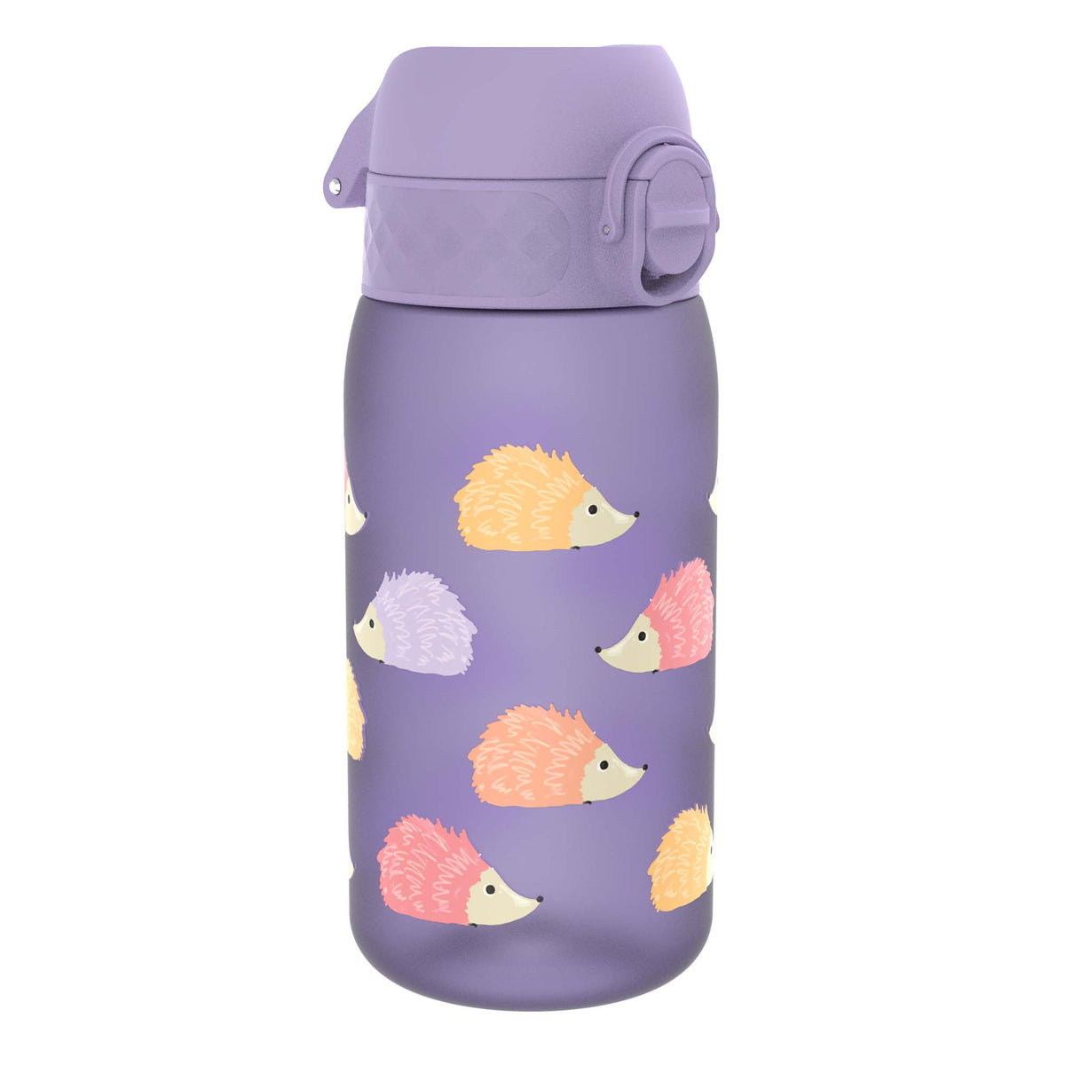 A purple water bottle, decorated with colorful hedgehogs, sits on a white background.