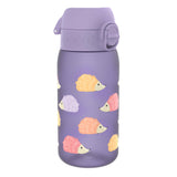 A purple water bottle, decorated with colorful hedgehogs, sits on a white background.